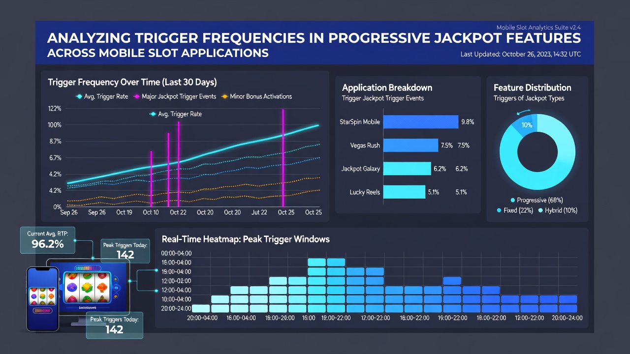 Analytics dashboard showing trigger frequency charts and jackpot pool growth trends in mobile slot applications