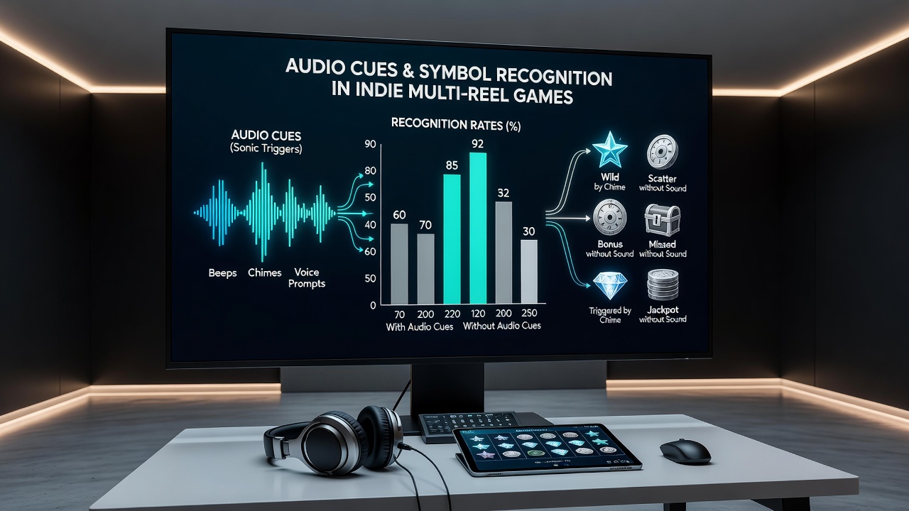 Laboratory setup displaying eye-tracking data overlaid on multi-reel slot interfaces during audio cue experiments